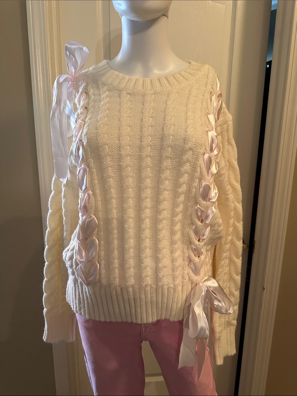 Cream Cable Knit Crewneck Sweater with Pink Ribbon Detail
